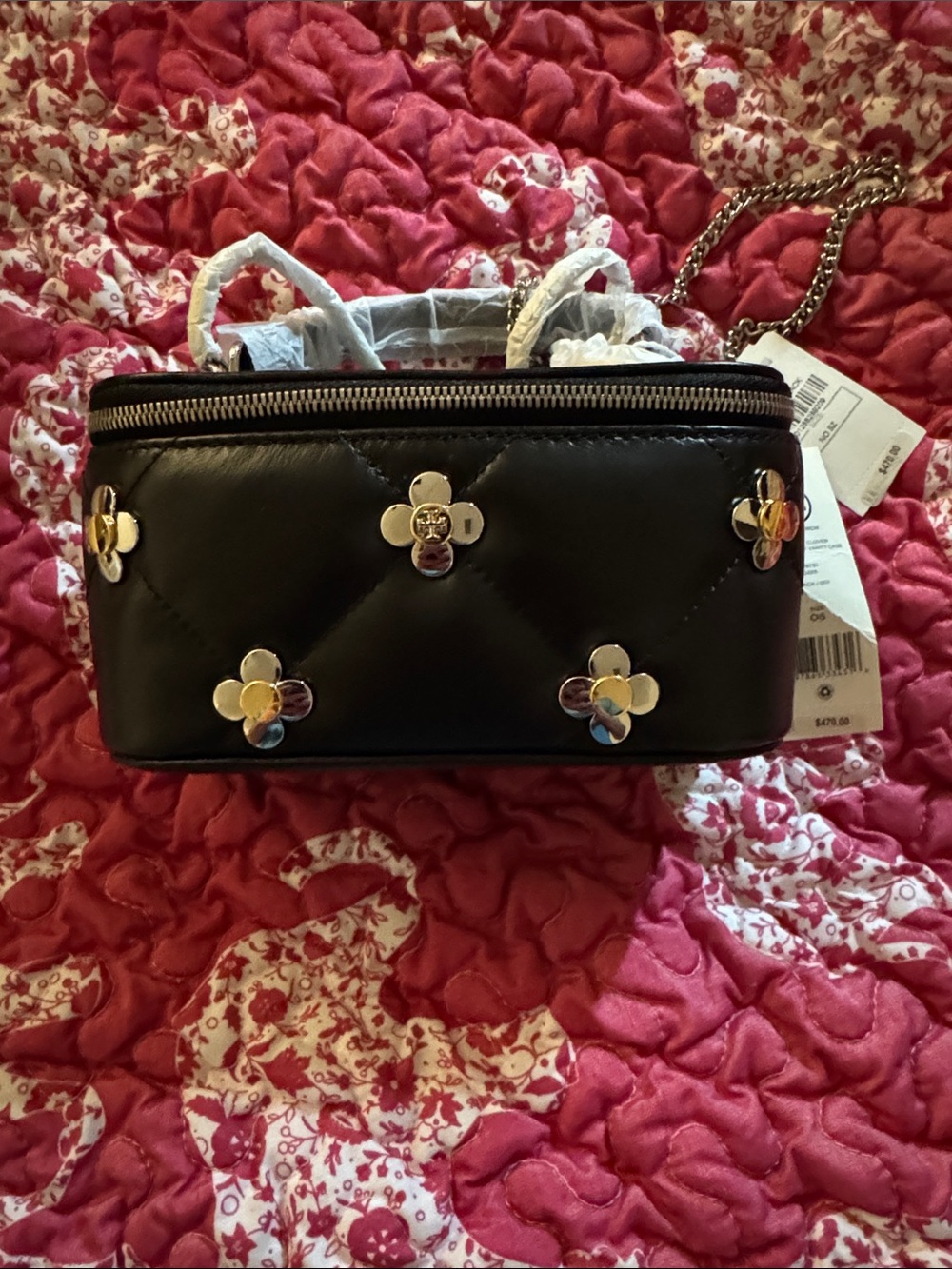 Tory Burch Black Quilted Crossbody with Gold Flower Hardware